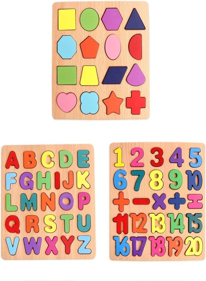 SHRBI 3 Pack Wooden Alphabet Number Shape ABC Name Puzzles Toys with Montessori Preschool Educational Gift Learning Letter Puzzles Toys - Image 1